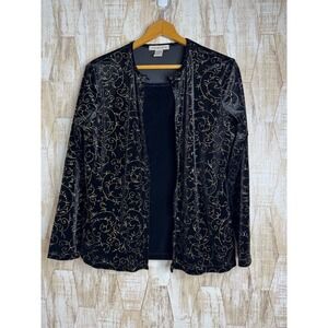 Notations Velvet Glitter Scroll Cardigan Tank M Y2K Vintage Black Gold